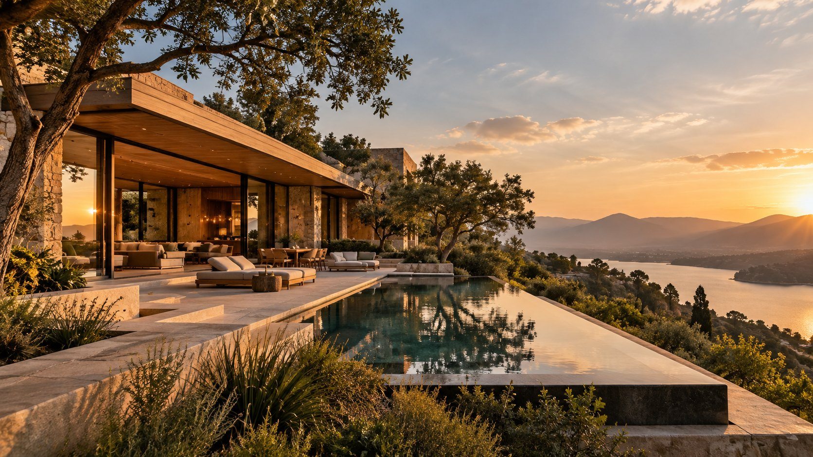 Residencia contemporánea junto a un lago al atardecer