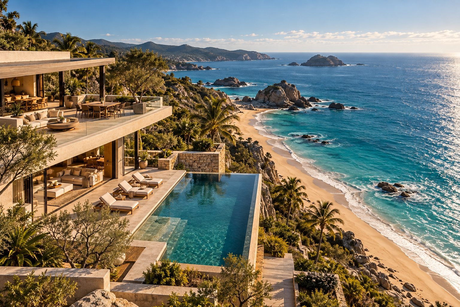 Villa contemporánea frente al mar al atardecer